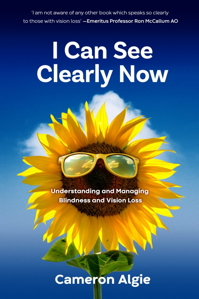 Book Cover, with title. Design shows sunflower wearing spectacles and gives author name Cameron Algie and Quotes about the book.ame